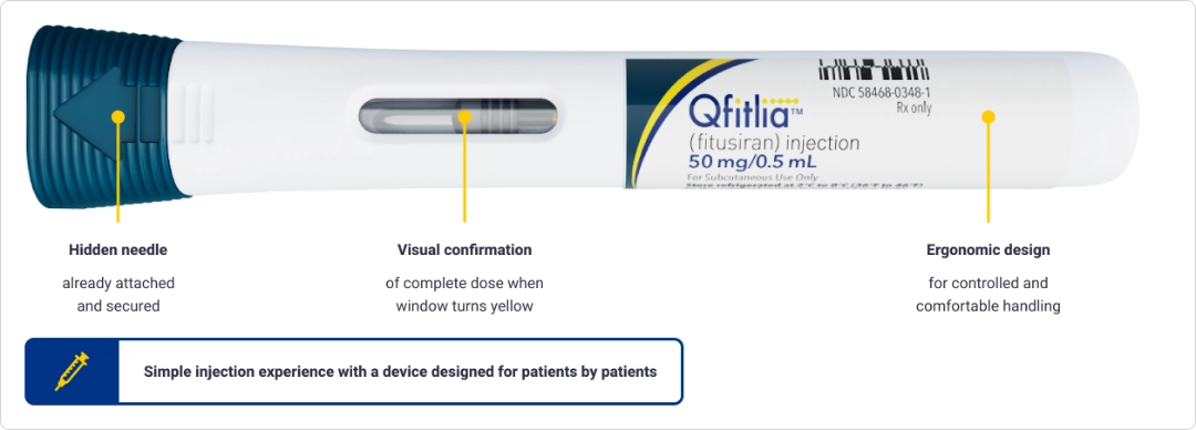 Qfitlia™ prefilled pen image and call out highlighting "Simple injection experience with a device designed for patients by patients".
