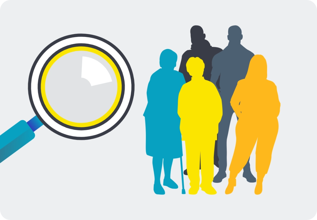 Illustration of a magnifying glass and multiple patients. 