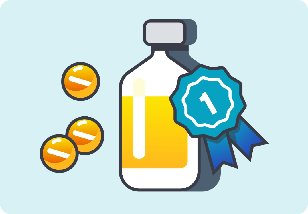Illustration of a product bottle with tablets and a #1 ribbon.          