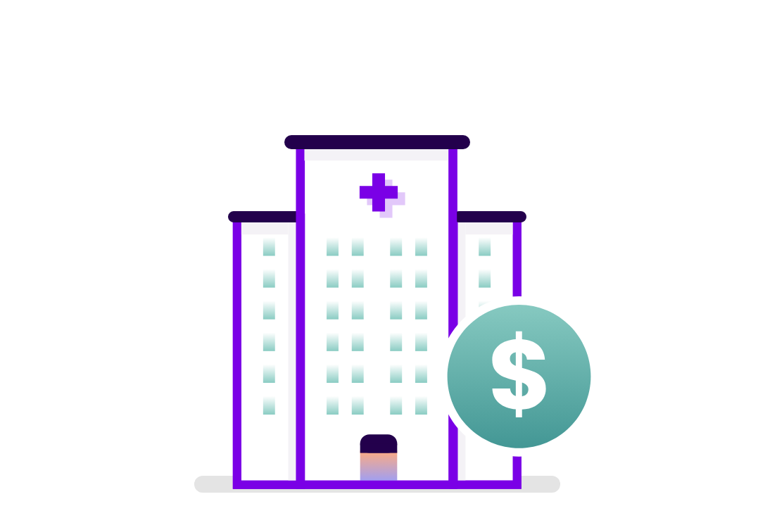 Illustration of a hospital building with a dollar sign, representing average cost of an ITP-related hospitalization.