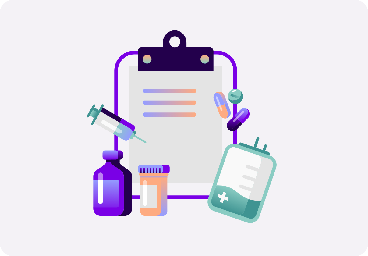 Illustration of healthcare tools including a clipboard, syringe, and medication. 