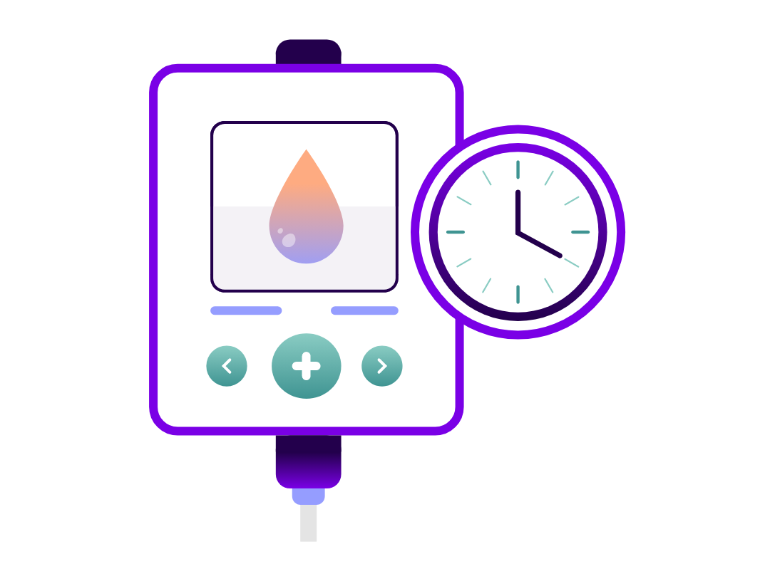 Illustration of a glucose meter and a clock representing lower HbA1c and improved time in range