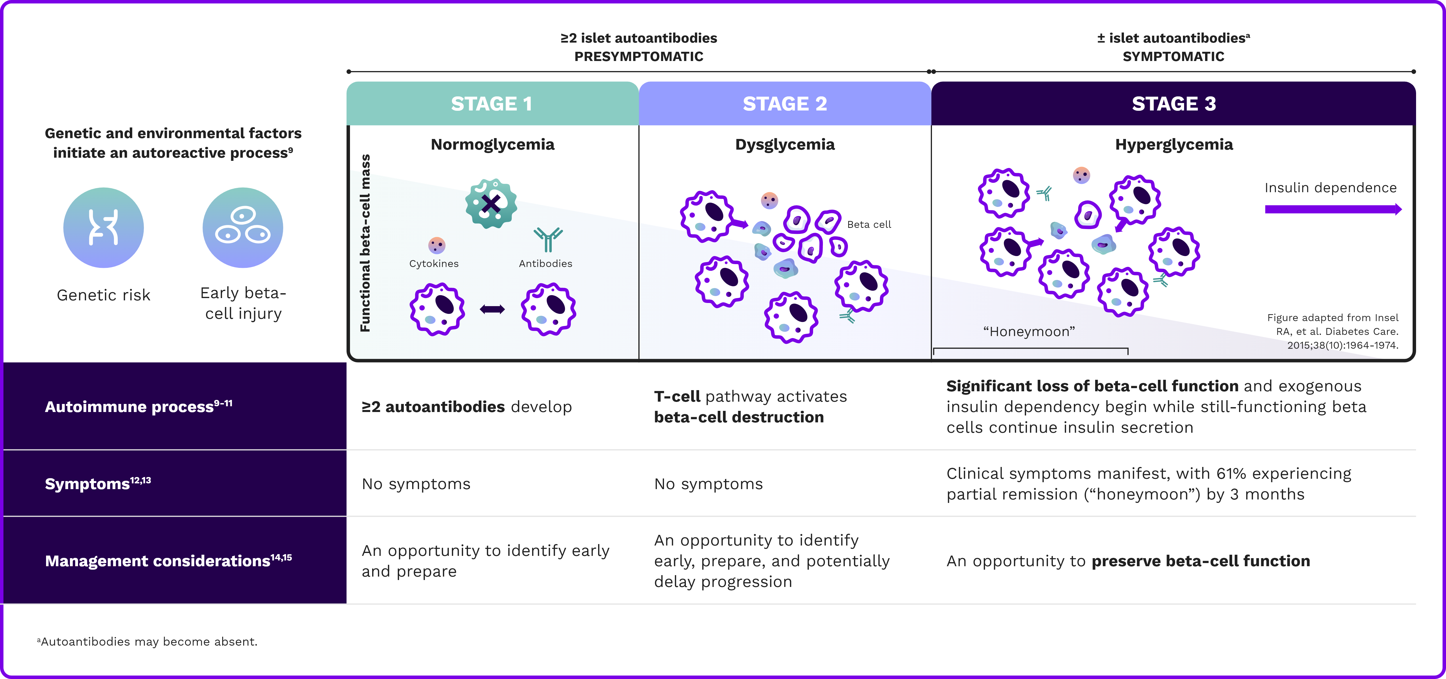 Image carousel showing the impact of beta-cell function as T1D progresses.