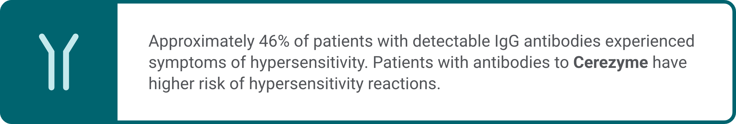 Informational callout highlighting Approximately 46% of patients with detectable IgG antibodies experienced symptoms of hypersensitivity. Patients with antibodies to Cerezyme have higher risk of hypersensitivity reactions. 