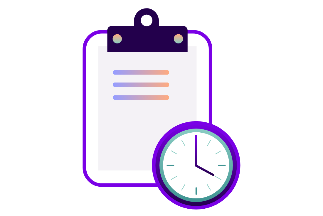 Illustration of a clipboard and clock. 