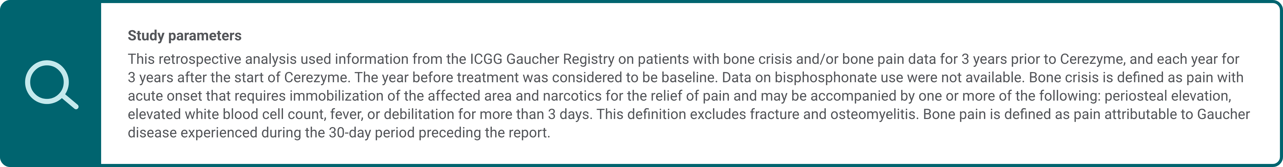 Informational callout describing the study design and limitations of the retrospective analysis of Cerezyme on bone pain and bone crisis from the ICGG Registry. 