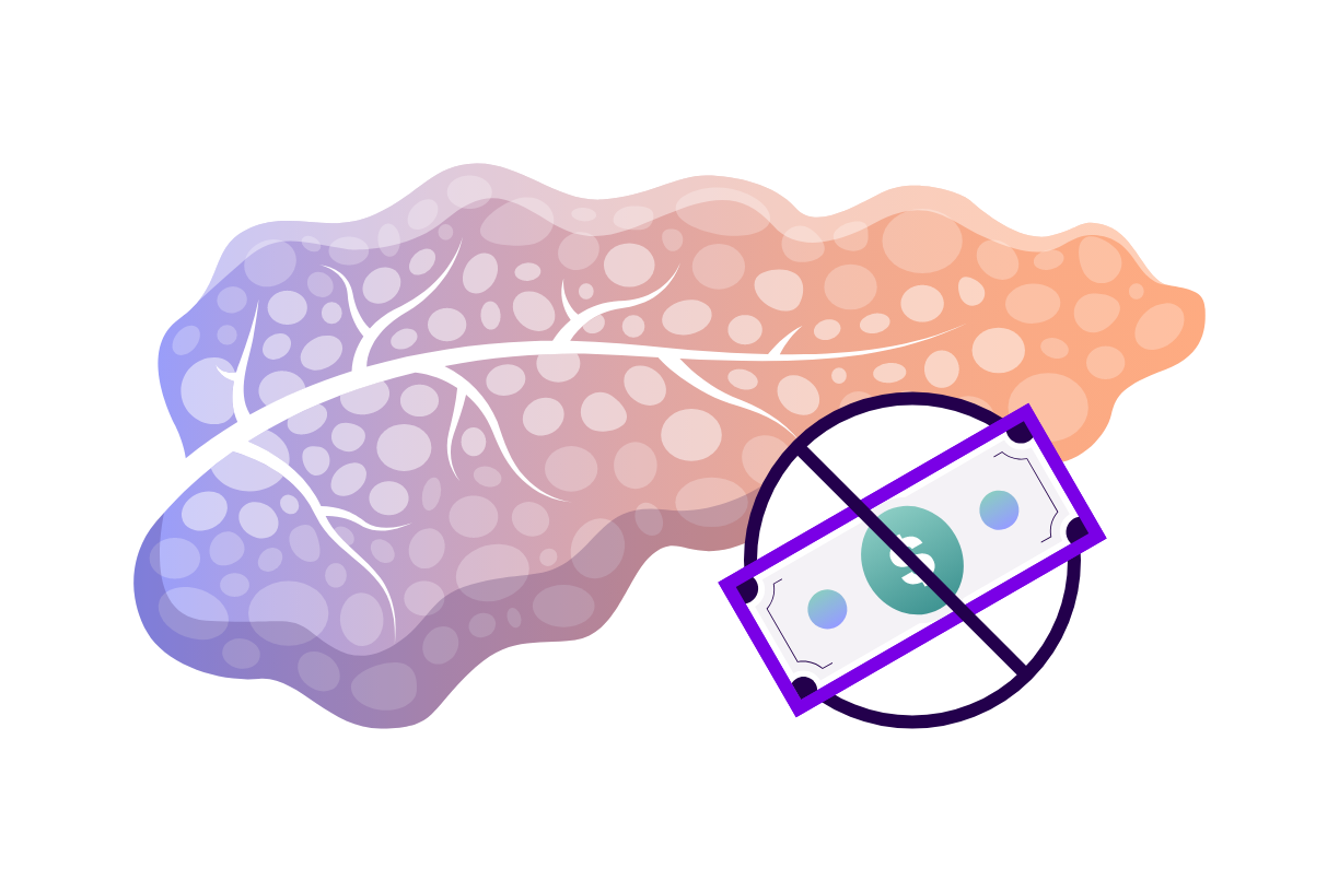 Illustration of a human pancreas and crossed out dollar bill representing prevention of DKA-related costs.