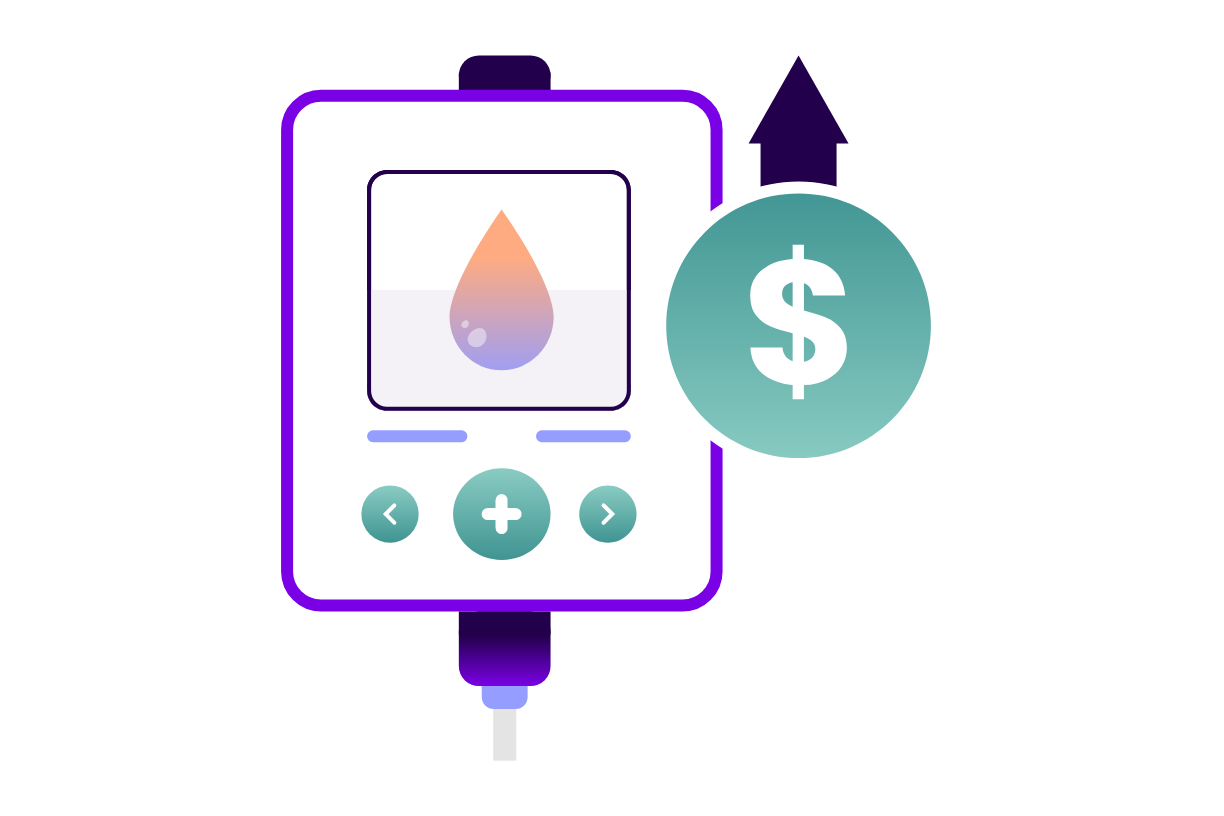 Illustration of a glucose meter with a money symbol representing cost savings associated with improved HbA1c. 