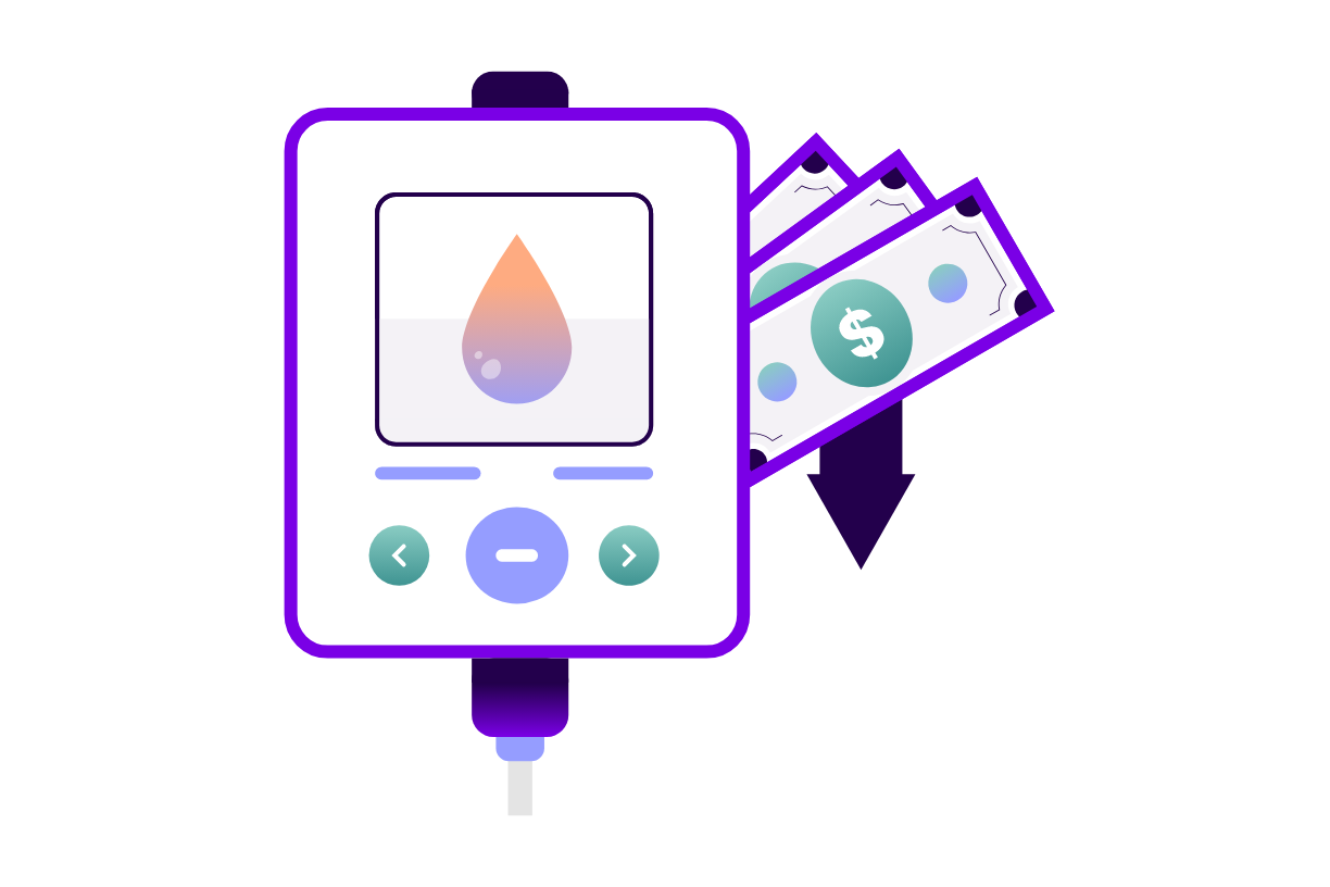 Illustration of a glucose meter and dollar bills with a downward arrow representing lower hypoglycemia-related costs.