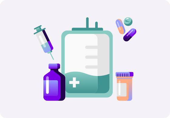 Illustration of medical supplies including a syringe, IV bag, pill bottles, and capsules. 