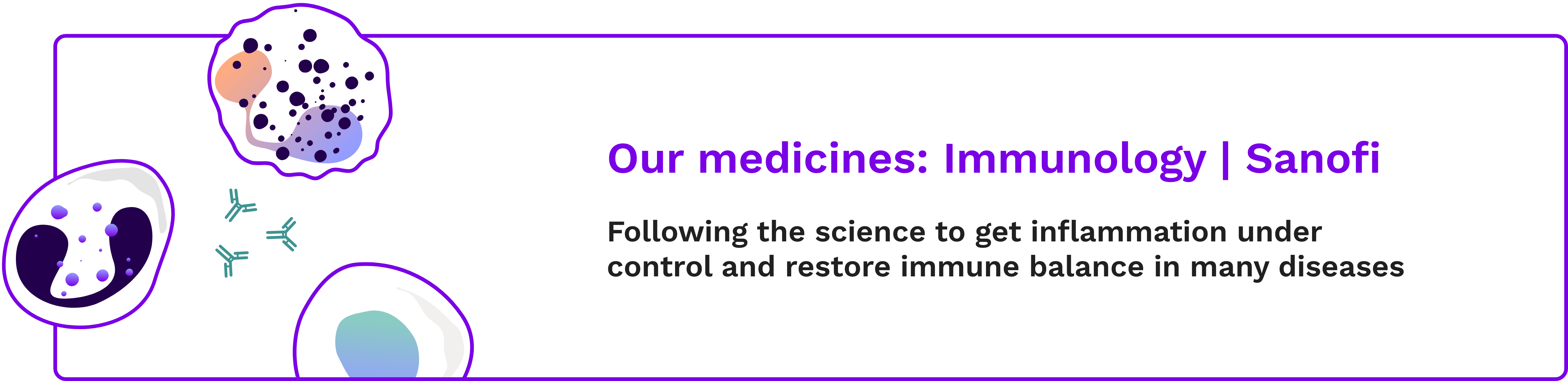 Text callout highlighting “Our medicines: Immunology | Sanofi. Following the science to get inflammation under control and restore immune balance in many diseases.” 